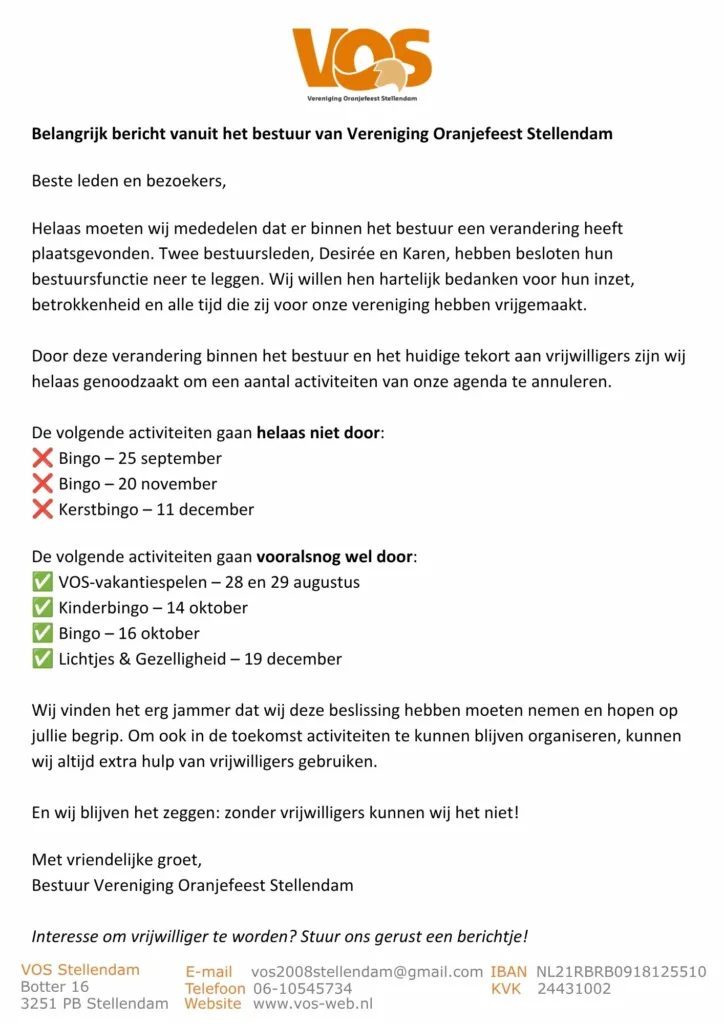 Aantal activiteiten in de agenda geannuleerd